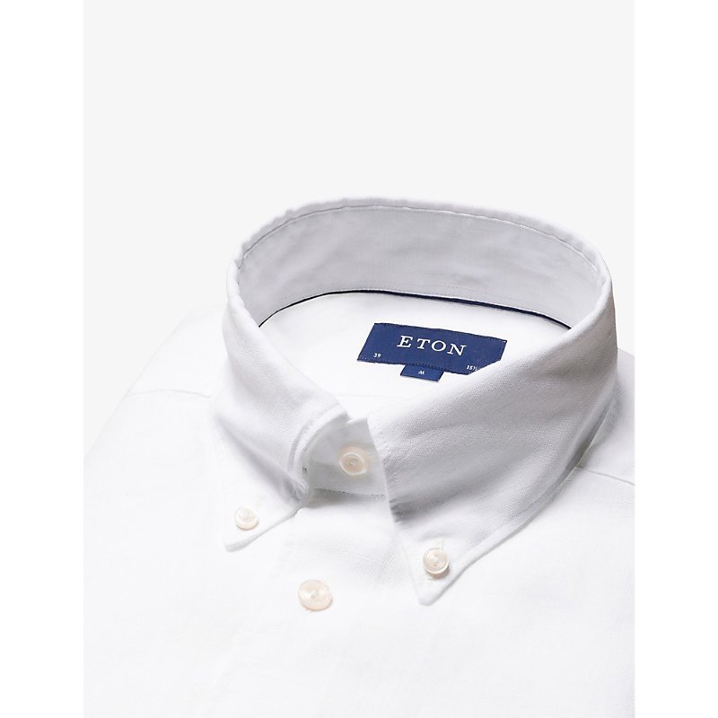 Shop Eton Mens White Buttoned-collar Slim-fit Linen Shirt