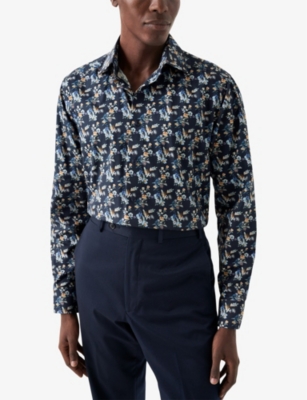 Shop Eton Floral-print Slim-fit Cotton-twill Shirt In Navy Blue