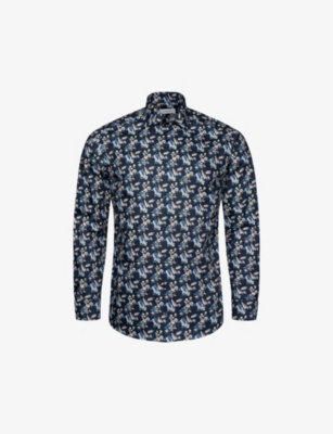 Eton Mens Navy Blue Floral-print Slim-fit Cotton-twill Shirt