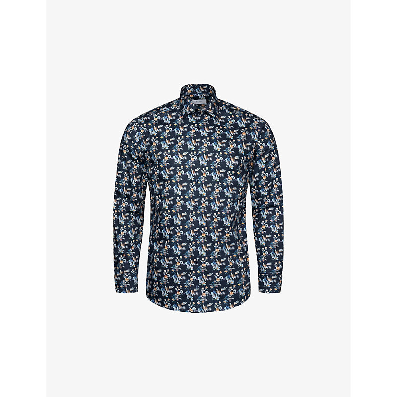 Eton Mens Navy Blue Floral-print Slim-fit Cotton-twill Shirt