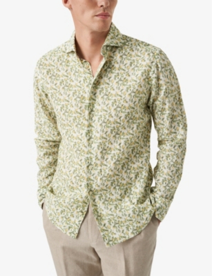 Banana-print slim-fit linen shirt