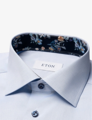 Shop Eton Floral-collar Slim-fit Signature Organic Cotton-twill Shirt In Light Blue