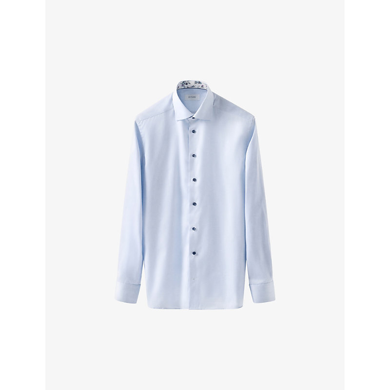 Eton Mens Light Blue Floral-collar Regular-fit Signature Organic Cotton-twill Shirt