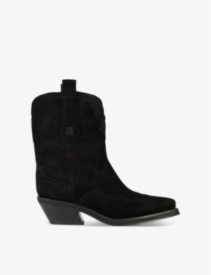 Shop The Kooples Women's Black Beveled-heel Pointed-toe Suede Boots