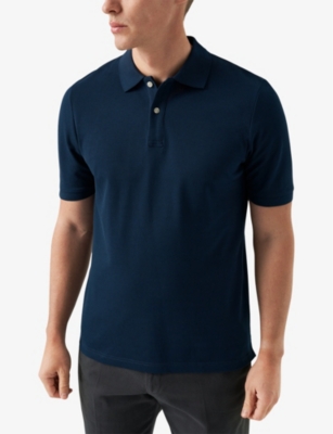 Shop Eton Mens  Short-sleeved Regular-fit Cotton-piqué Polo Shirt In Navy Blue