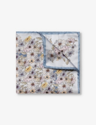 Eton Mens Light Blue Floral-print Silk Pocket Square