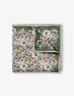 Eton Mens Light Green Floral-print Silk Pocket Square