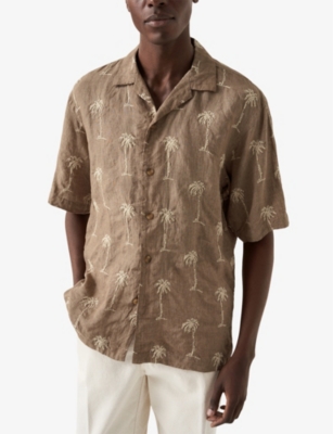 Shop Eton Mens  Resort Embroidered Relaxed-fit Linen Shirt In Brown