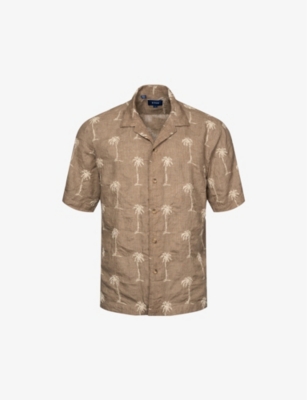 Shop Eton Mens  Resort Embroidered Relaxed-fit Linen Shirt In Brown