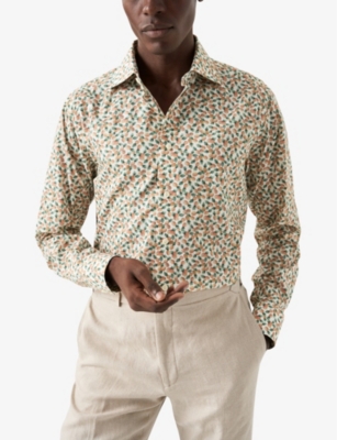 Shop Eton Men's Orange Graphic-print Slim-fit Cotton-blend Shirt