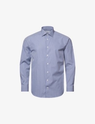 Eton Mens Dark Blue Elevated Bengal Stripe Slim-fit Organic-cotton Poplin Shirt