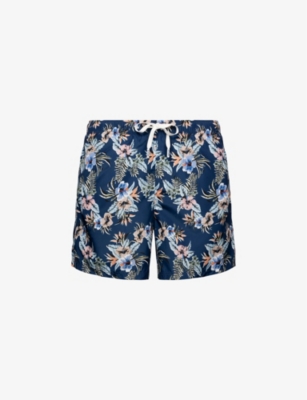 Shop Eton Floral-patterned Drawstring Woven Swim Shorts In Dark Blue