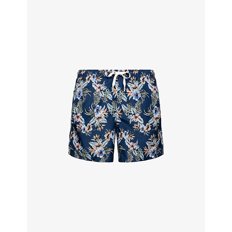 Shop Eton Men's Dark Blue Floral-patterned Drawstring Woven Swim Shorts