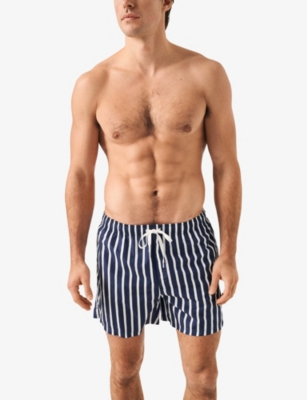 Shop Eton Mens Dark Blue Striped Drawstring Woven Swim Shorts