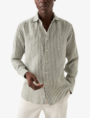 Shop Eton Men's Mid Green Striped Slim-fit Linen Shirt
