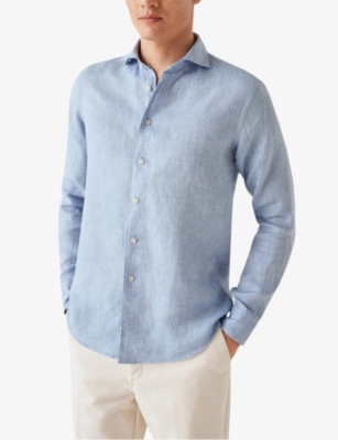 Shop Eton Mens Dark Blue Solid Slim-fit Linen Shirt