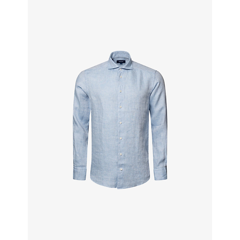 Eton Mens Dark Blue Solid Slim-fit Linen Shirt