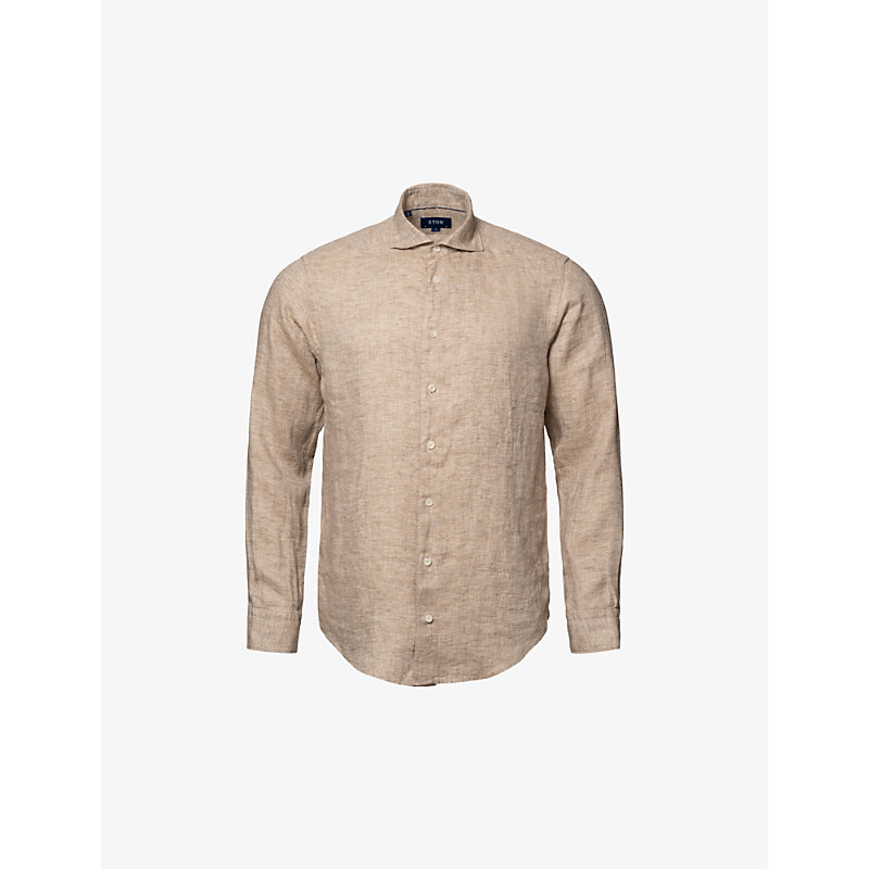 Eton Mens Dark Brown Solid Slim-fit Linen Shirt