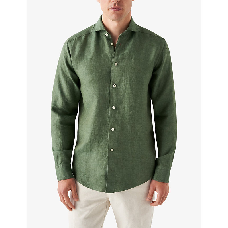 Shop Eton Solid Slim-fit Linen Shirt In Dark Green