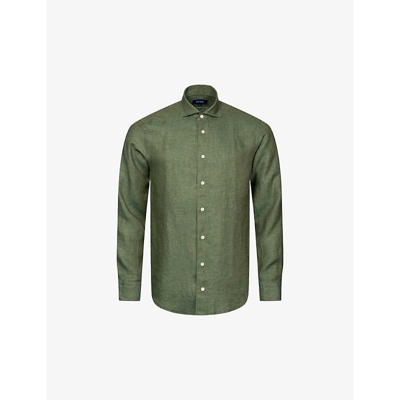 Eton Mens Dark Green Solid Slim-fit Linen Shirt