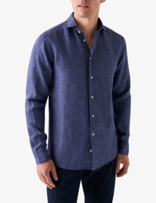 Shop Eton Men's Vy Blue Solid Slim-fit Linen Shirt In Navy Blue