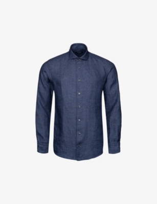 Shop Eton Men's Navy Blue Solid Slim-fit Linen Shirt
