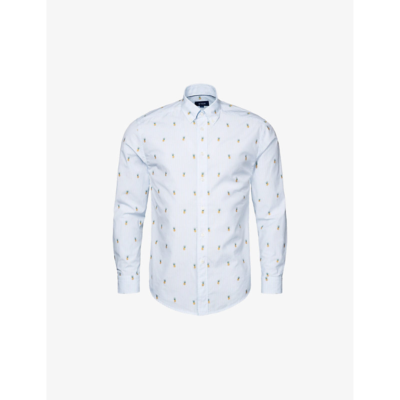 Eton Mens Light Blue Patterned Slim-fit Cotton Shirt