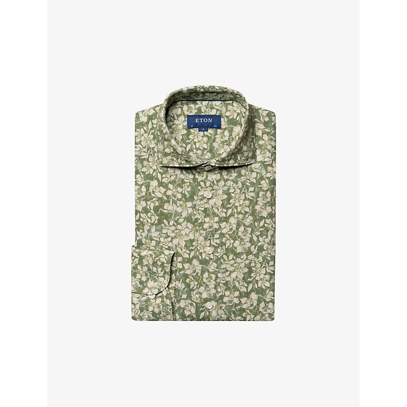 Shop Eton Mens Mid Green Floral-pattern Slim-fit Linen Shirt