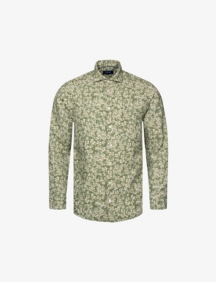 Eton Mens Mid Green Floral-pattern Slim-fit Linen Shirt
