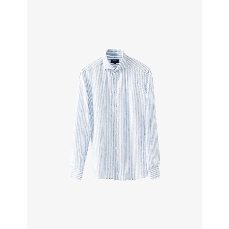 Shop Eton Men's Light Blue Striped Regular-fit Linen Shirt