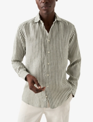 Shop Eton Men's Mid Green Striped Regular-fit Linen Shirt