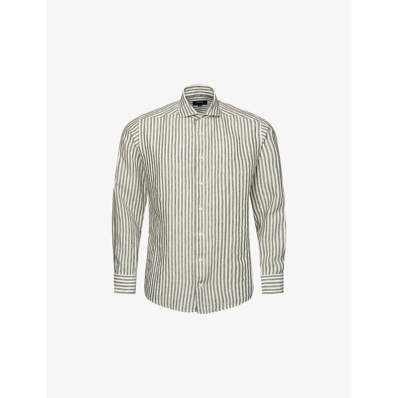 Shop Eton Mens Mid Green Striped Regular-fit Linen Shirt
