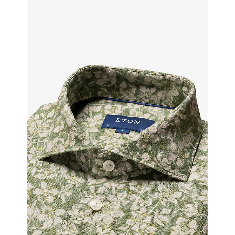Shop Eton Floral-pattern Regular-fit Linen Shirt In Mid Green
