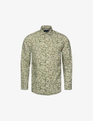Eton Mens Mid Green Floral-pattern Regular-fit Linen Shirt