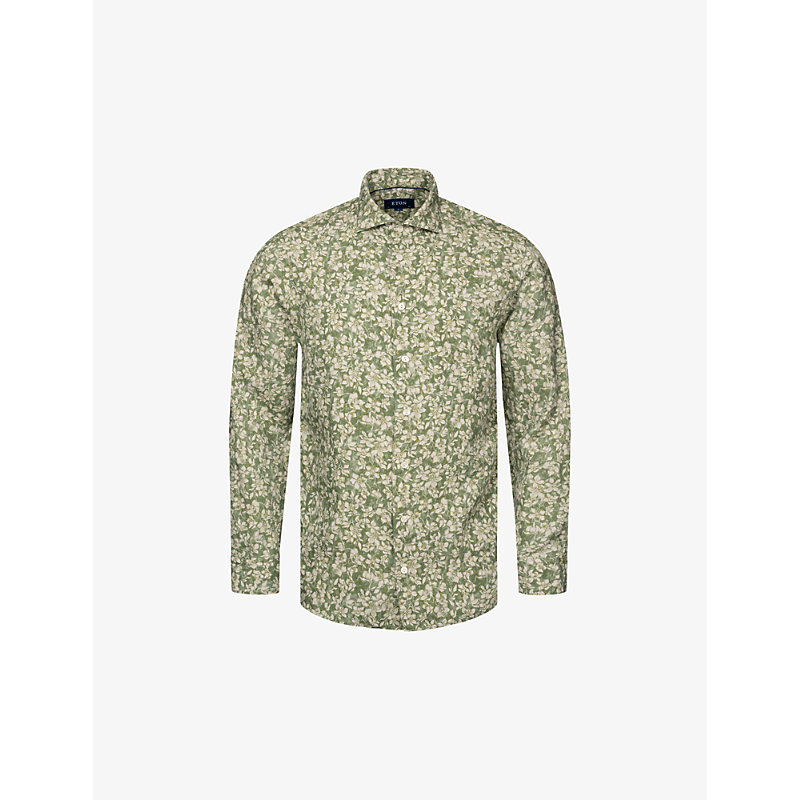 Eton Mens Mid Green Floral-pattern Regular-fit Linen Shirt