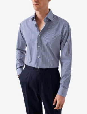 Shop Eton Men's Dark Blue Elevated Striped Regular-fit Cotton-poplin Shirt