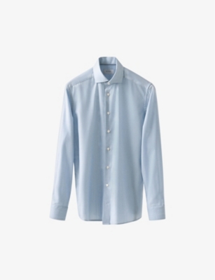 Eton Mens Light Blue Semi-solid Crease-resistant Slim-fit Merino-wool Shirt