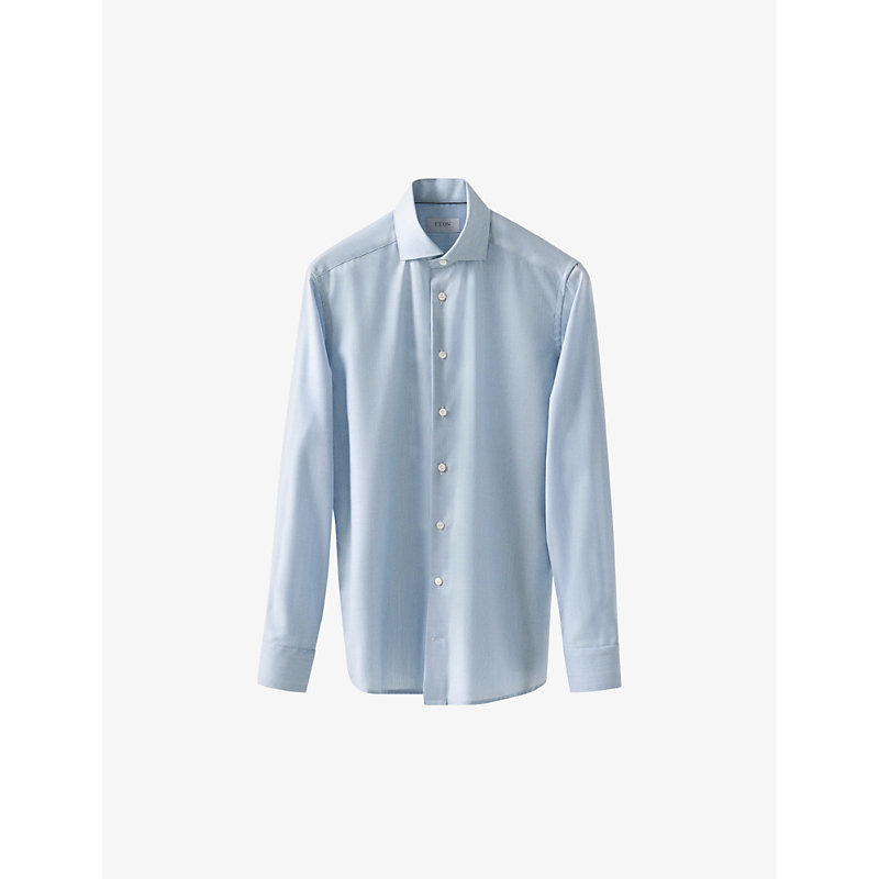 Eton Mens Light Blue Semi-solid Crease-resistant Slim-fit Merino-wool Shirt