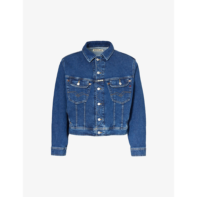 Shop Replay Men's Dark Blue Patch-pocket Stretch-denim Jacket