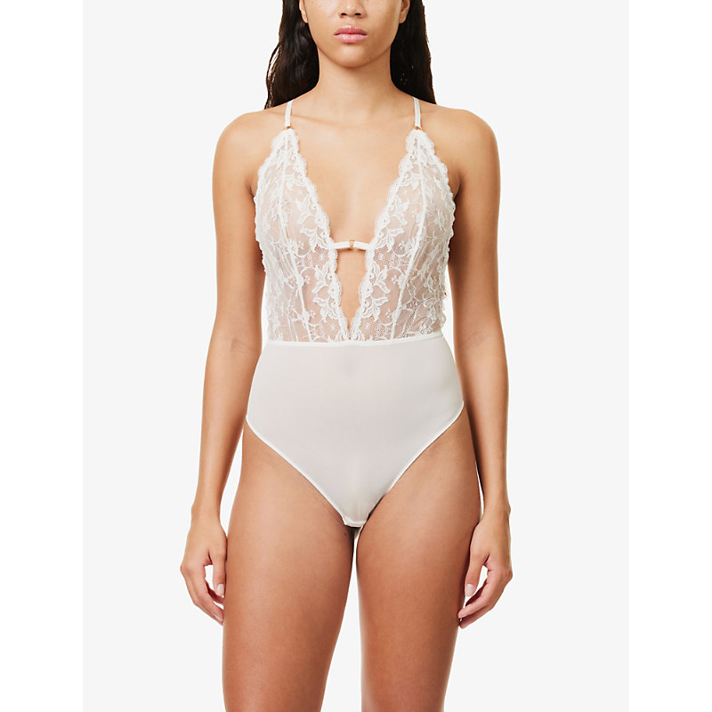 Shop Aubade Kiss Of Love Plunge-neck Lace Body In Opale