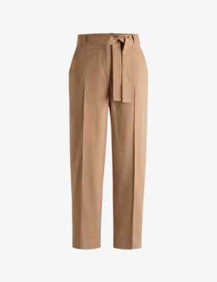Womens Boss Tie-Waist Tapered-Leg High-Rise Stretch-Cotton Trousers
