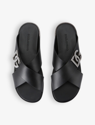 Shop Dolce & Gabbana Mens Black Logo-plaque Cross-over Leather Sandals Eur 43 / 9 Uk
