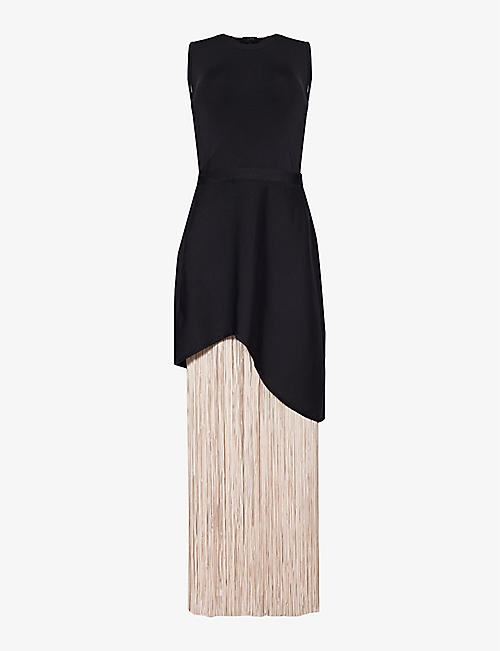 HERVE LEGER: Asymmetric tasselled recycled-rayon-blend maxi dress