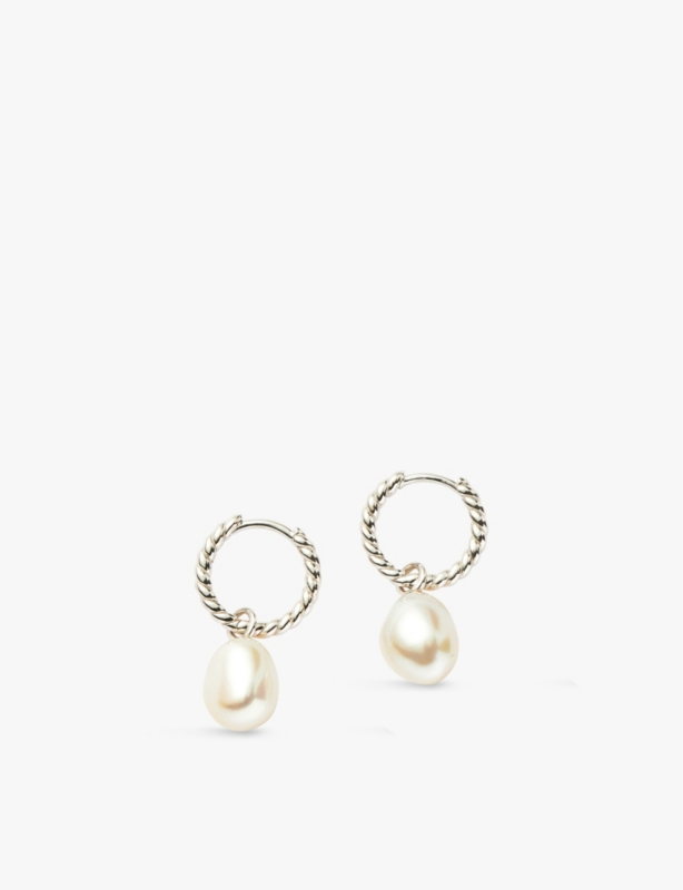 Pearl twisted rhodium-plated recycled sterling-silver small hoop earrings