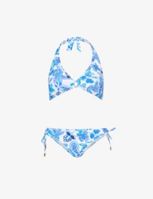 ASPIGA: Floral-print stretch recycled-polyester bikini set