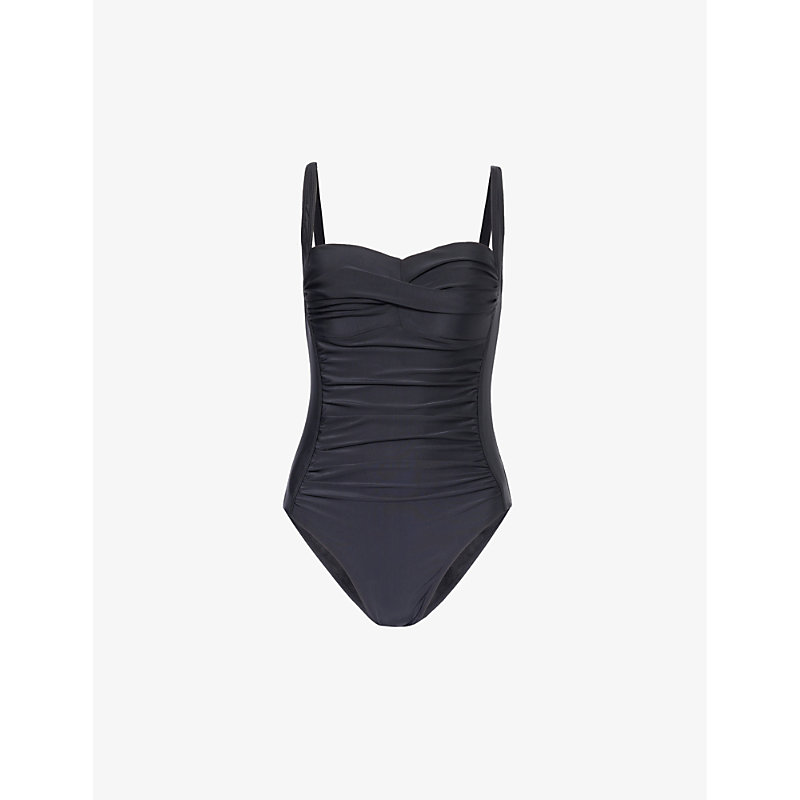 Shop Aspiga Ruched Stretch-recycled Polyester Swimsuit In Black