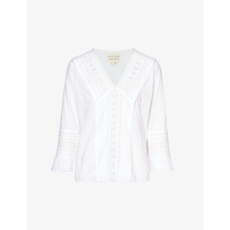 Shop Aspiga Valentina Broderie-trim Organic-cotton Blouse In White