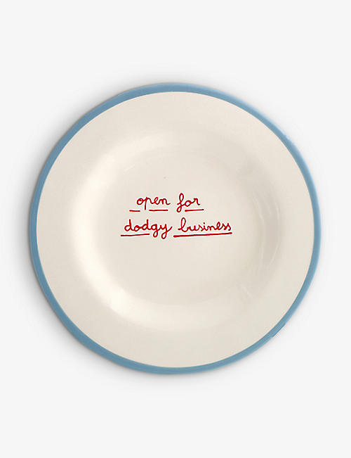 LAETITIA ROUGET: Open For Dodgy Business hand-painted stoneware dessert plate 20cm