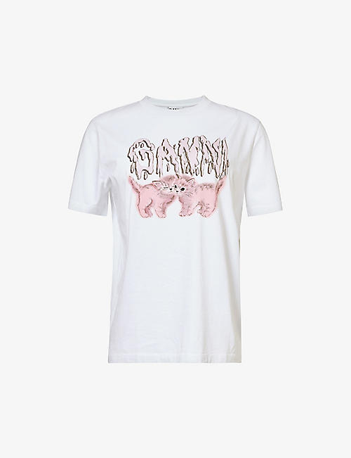 GANNI: Kitten logo-print organic-cotton T-shirt