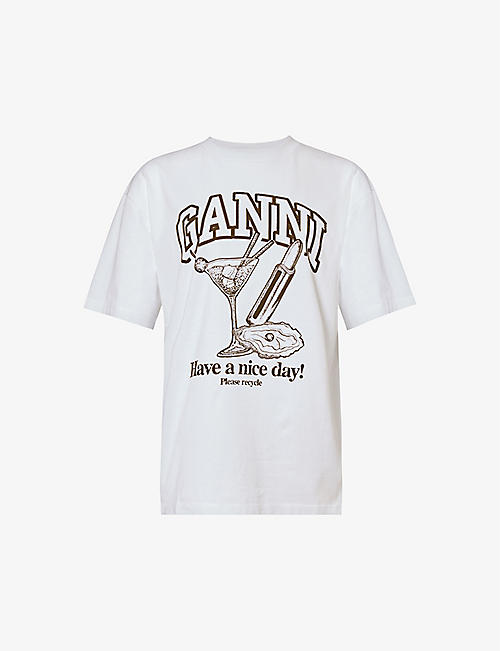 GANNI: Cocktail-print organic and recycled-cotton T-shirt